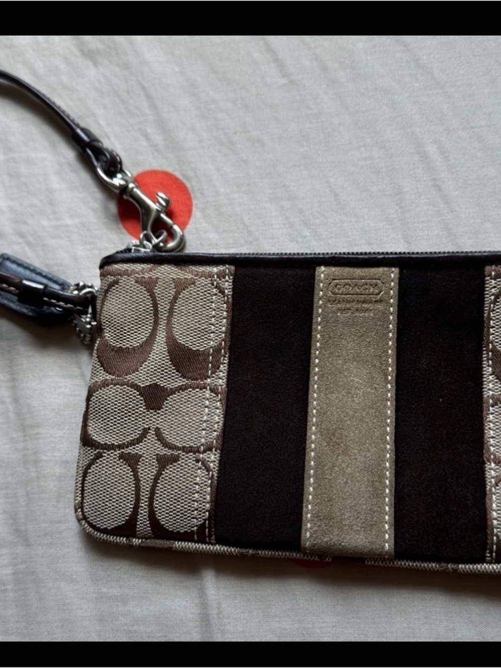 Coach Brown and Tan Signature Canvas Wristlet with Suede Stripe